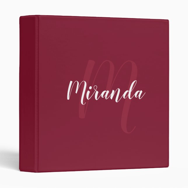 Burgundy Red Modern Script Monogram and Name 3 Ring Binder (Front/Spine)
