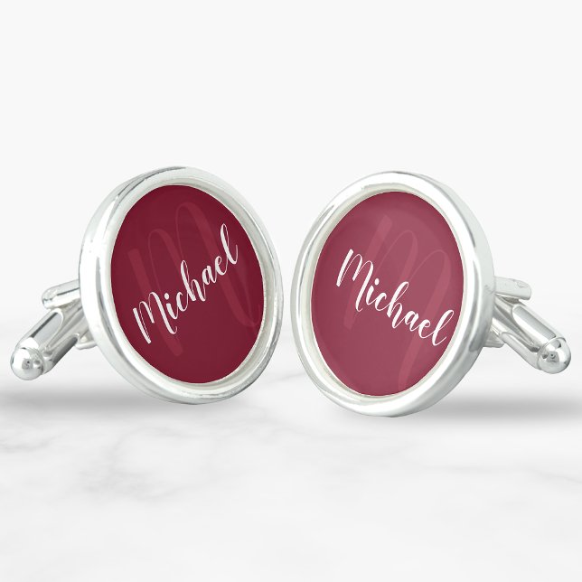 Burgundy Red Modern Script Monogram and Name Cufflinks (Creator Uploaded)
