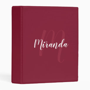 Burgundy Red Modern Script Monogram and Name Mini Binder