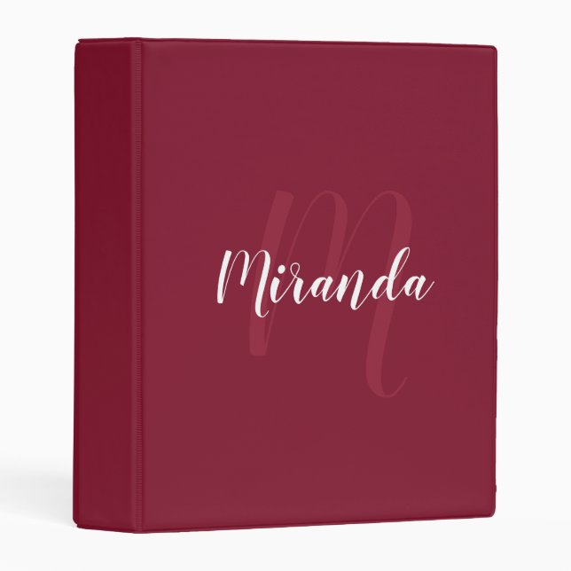 Burgundy Red Modern Script Monogram and Name  Mini Binder (Front/Spine)
