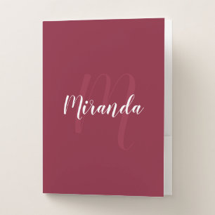 Burgundy Red Modern Script Monogram and Name Pocket Folder