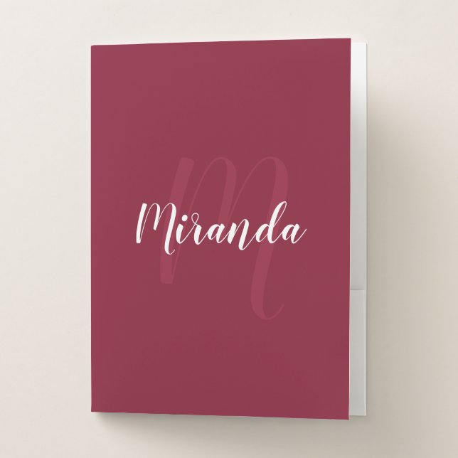 Burgundy Red Modern Script Monogram and Name Pocket Folder (Front)