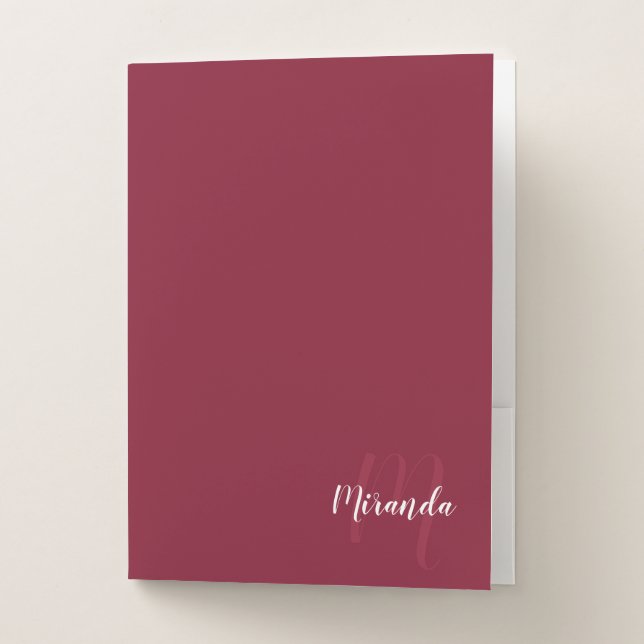 Burgundy Red Modern Script Monogram and Name Pocket Folder (Front)