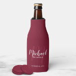 Burgundy Red Modern Script Personalized Groomsmen Bottle Cooler<br><div class="desc">Add a personal touch to your wedding with personalized groomsmen bottle cooler. This bottle cooler features personalized groomsmen's name in white modern script font style and monogram in light red modern script font style as background with title and wedding date in white modern sans serif font style on burgundy red...</div>
