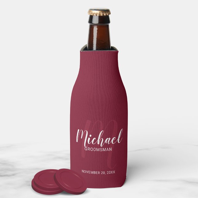 Burgundy Red Modern Script Personalized Groomsmen Bottle Cooler (Creator Uploaded)