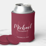 Burgundy Red Modern Script Personalized Groomsmen Can Cooler<br><div class="desc">Add a personal touch to your wedding with personalized groomsmen can cooler. This can cooler features personalized groomsmen's name in white modern script font style and monogram in light red modern script font style as background with title and wedding date in grey modern sans serif font style on burgundy red...</div>
