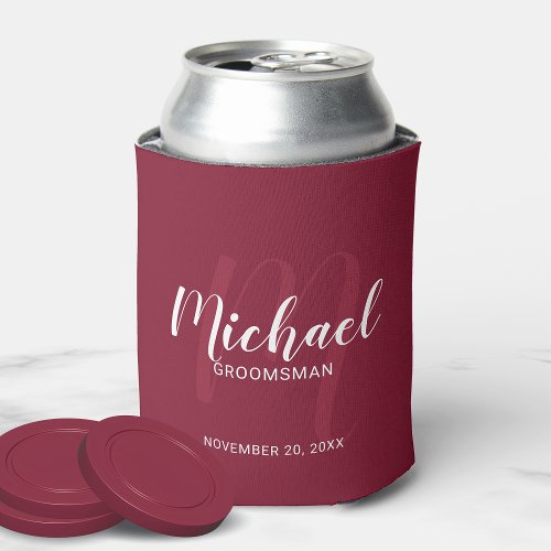 Burgundy Red Modern Script Personalized Groomsmen Can Cooler