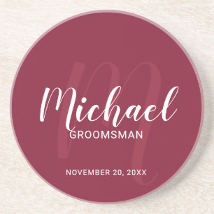 Burgundy Red Modern Script Personalized Groomsmen Coaster