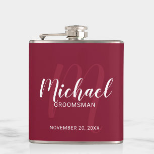 Burgundy Red Modern Script Personalized Groomsmen Flask