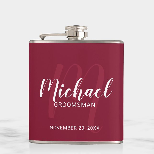 Burgundy Red Modern Script Personalized Groomsmen Flask (Creator Uploaded)