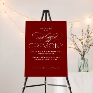 Burgundy Red Modern Script Unplugged Ceremony Sign