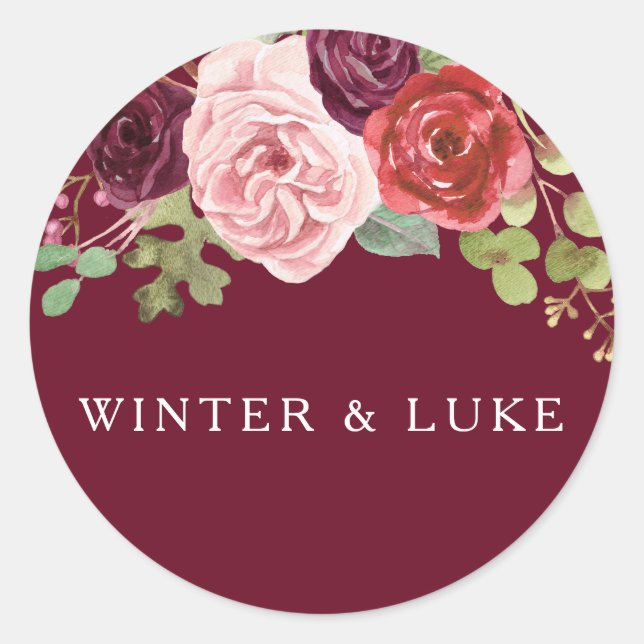 Burgundy Red Modern Wedding Names Favor Seal (Front)