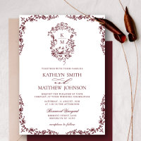 Burgundy Red Monogram Floral Vintage Crest Wedding