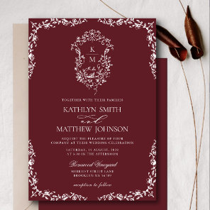 Burgundy Red Monogram Floral Vintage Crest Wedding Invitation