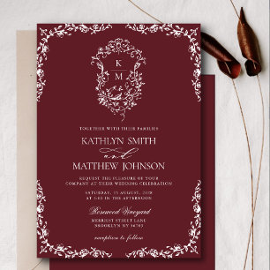 Burgundy Red Monogram Floral Vintage Crest Wedding Invitation
