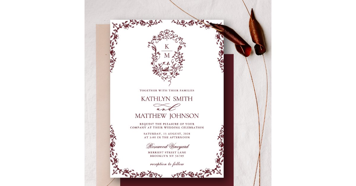 Burgundy Red Monogram Floral Vintage Crest Wedding Invitation | Zazzle