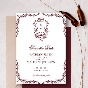 Burgundy Red Monogram Floral Vintage Crest Wedding Save The Date