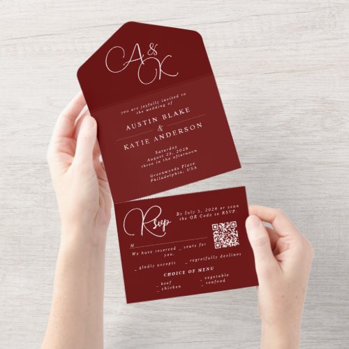 Burgundy Red Monogram Minimalist QR Code RSVP All In One Invitation