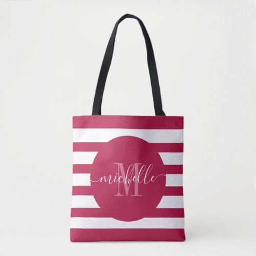 Burgundy Red Monogram Script Elegant Modern Stripe Tote Bag