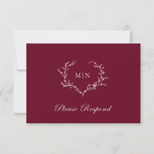 Burgundy Red Monogram Wreath Wedding  RSVP Card