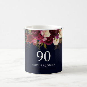 Burgundy Red Navy Blue Floral 90th Birthday Gift Coffee Mug