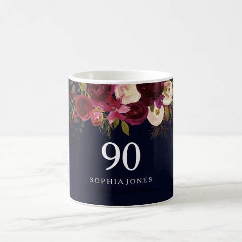 Burgundy Red Navy Blue Floral 90th Birthday Gift Coffee Mug