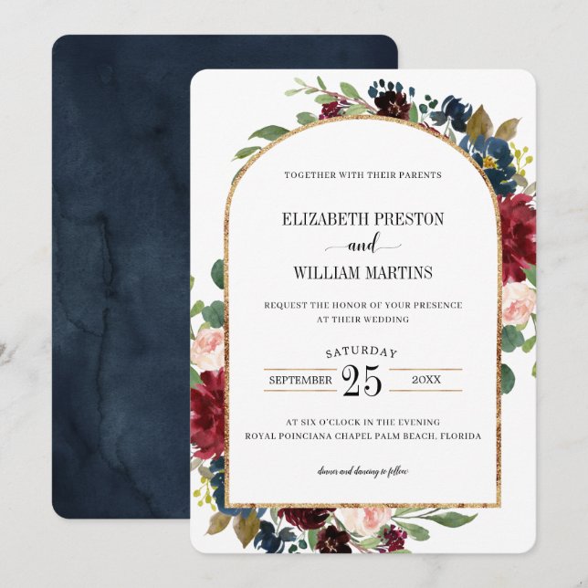 Burgundy Red Navy Blue Floral Arch Frame Wedding Invitation (Front/Back)