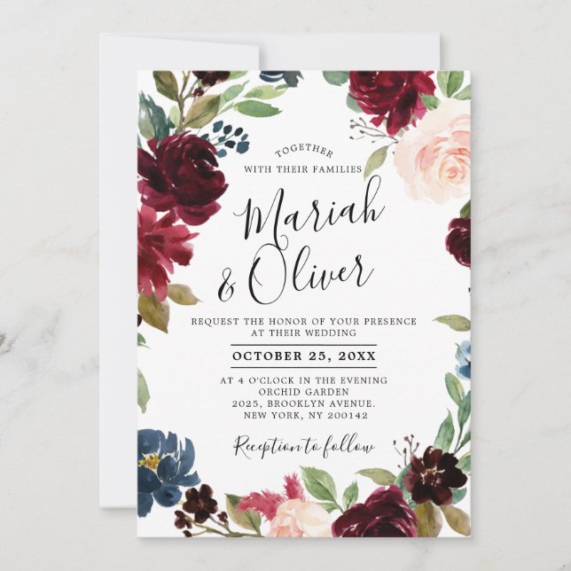 Burgundy Red Navy Blue Floral Boho Wedding Invitation (Front)