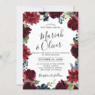 Burgundy Red Navy Blue Floral Boho Wedding Invitation