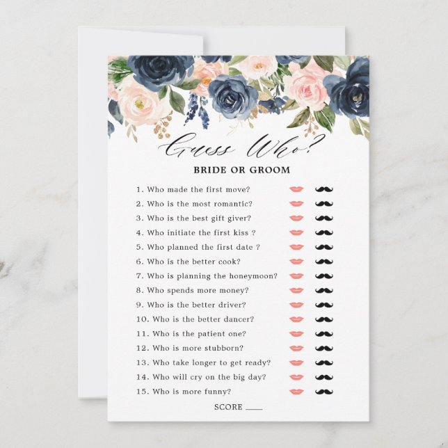 Burgundy Red Navy Blue Floral Bridal shower game Invitation (Front)