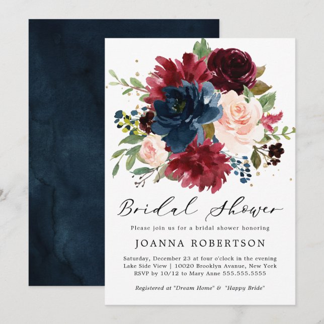 Burgundy Red Navy Blue Floral Bridal Shower Invitation (Front/Back)