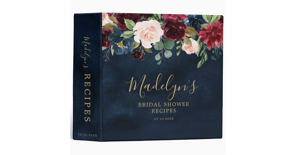 Burgundy Red Navy Blue Floral Bridal Shower Recipe 3 Ring Binder | Zazzle