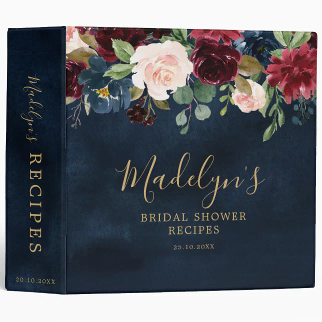 Burgundy Red Navy Blue Floral Bridal Shower Recipe 3 Ring Binder | Zazzle
