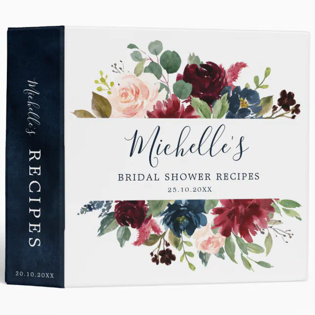 Burgundy Red Navy Blue Floral Bridal Shower Recipe 3 Ring Binder | Zazzle