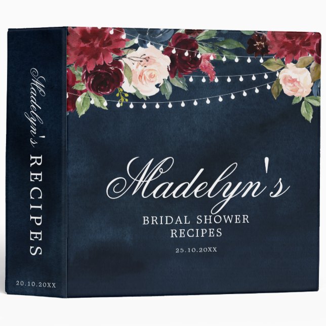 Burgundy Red Navy Blue Floral Bridal Shower Recipe 3 Ring Binder (Front/Spine)