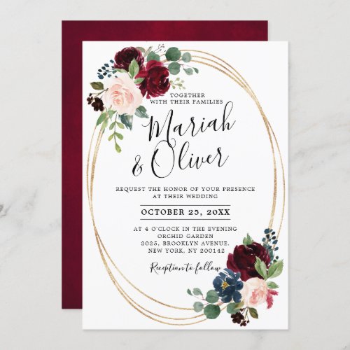 Burgundy Red Navy Blue Floral Geometric Wedding Invitation