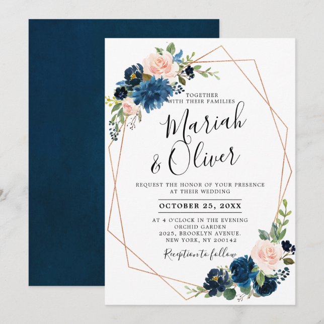 Burgundy Red Navy Blue Floral Geometric Wedding Invitation (Front/Back)