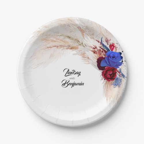 Burgundy Red Navy Blue Floral Pampas Grass Wedding Paper Plates