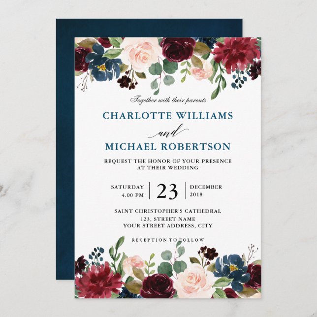 Burgundy Red Navy Blue Floral Rustic Boho Invitation (Front/Back)