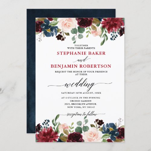 Burgundy Red Navy blue Floral Rustic Boho wedding Invitation