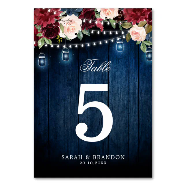 Burgundy Red Navy Blue Floral Table Number 