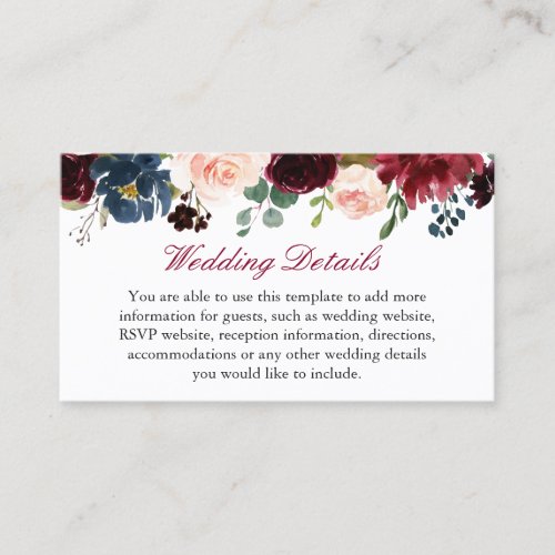 Burgundy Red Navy Blue Floral Wedding Details Info Business Card