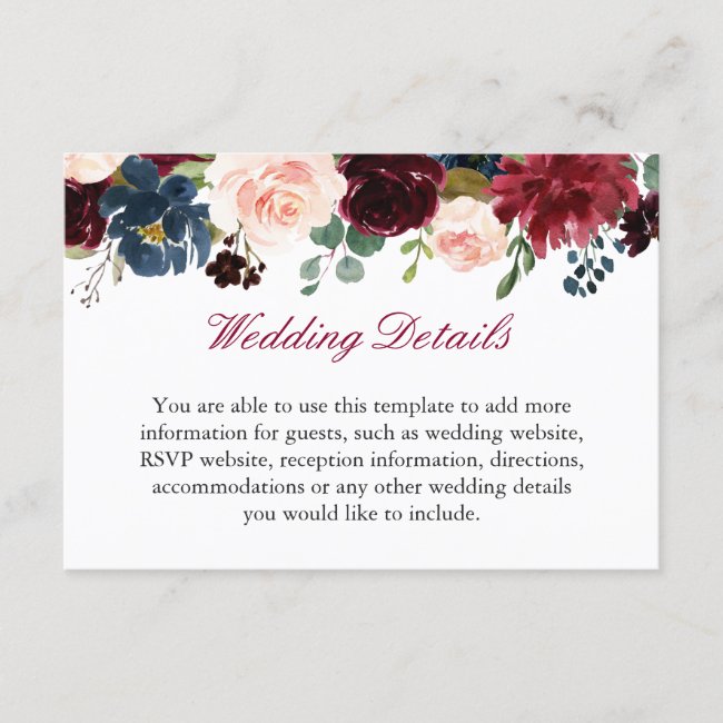 Burgundy Red Navy Blue Floral Wedding Details Info Enclosure Card