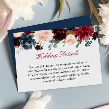Burgundy Red Navy Blue Floral Wedding Details Info Enclosure Card by CardHunter at Zazzle
