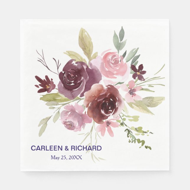 Burgundy Red Navy Blue Floral Wedding Napkins (Front)