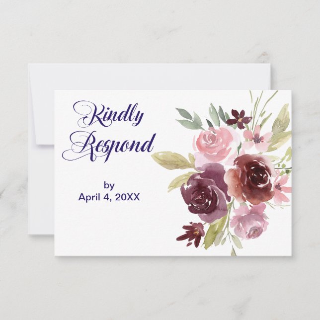 Burgundy Red Navy Blue Floral Wedding RSVP (Front)