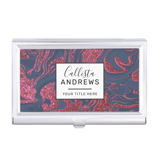 Burgundy Red Navy Blue Glitter Marble Business Card Case (Front)
