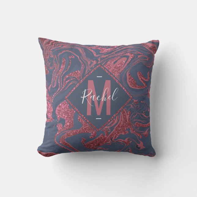 Burgundy Red Navy Blue Glitter Marble Outdoor Pillow (Front)