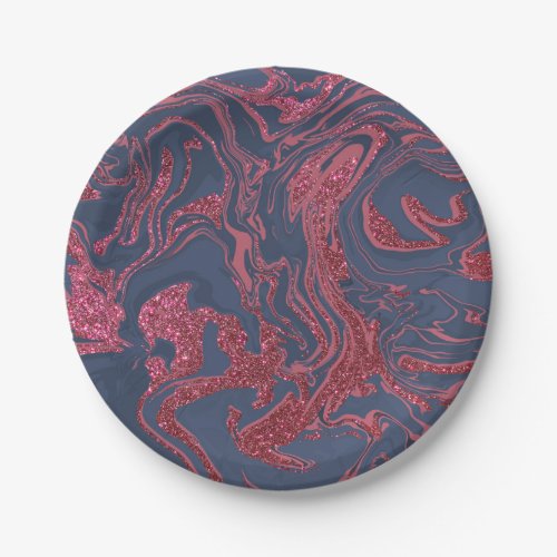 Burgundy Red Navy Blue Glitter Marble Paper Plates