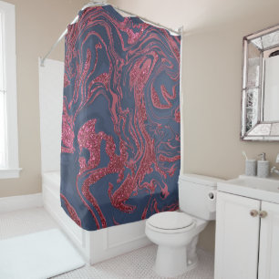 Burgundy Red Navy Blue Glitter Marble Shower Curtain